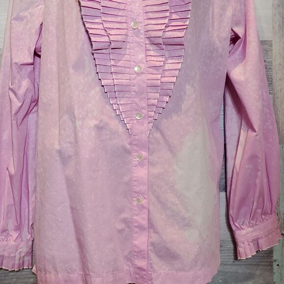 Hey Sue! Bob Mackie VINTAGE Upcycled Splatter Pink Ruffle Tux Blouse Sz L Button - Picture 6 of 11
